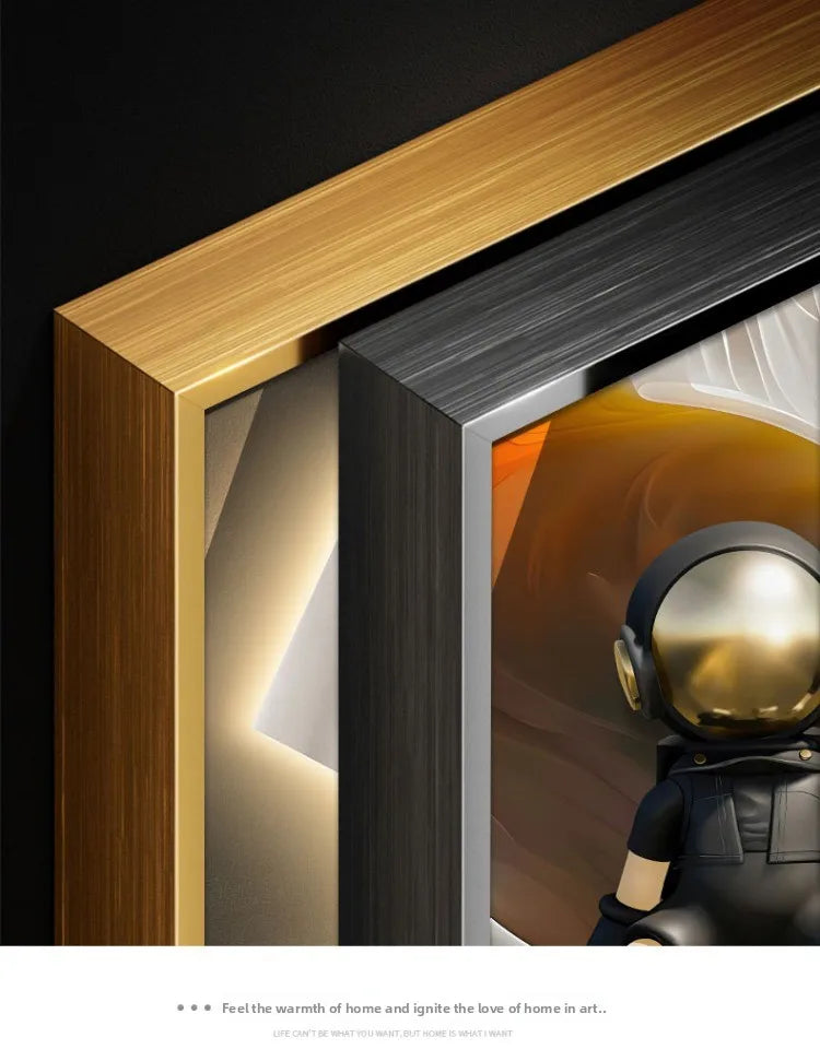 Modern astronaut-themed wall decor with LED lamp painting by MC THE BLACK DIAMOND, suitable for living room or corridor.