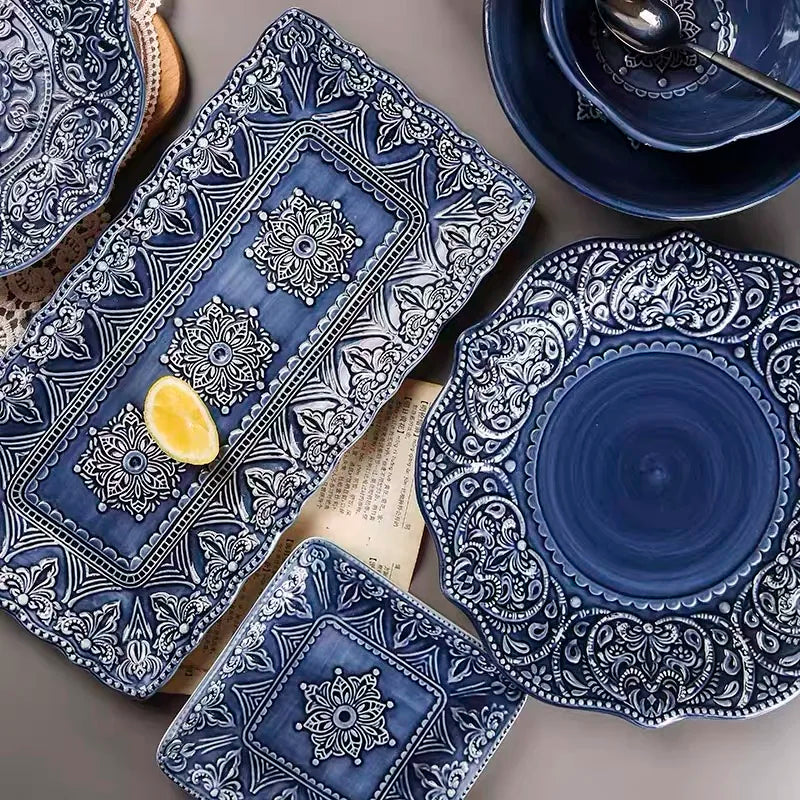 Blue retro relief ceramic kitchen dishes set with intricate patterns, showcasing the detailed design of 𝕄𝕔 𝕋𝕙𝕖 𝔹𝕝𝕒𝕔𝕜 𝔻𝕚𝕒�