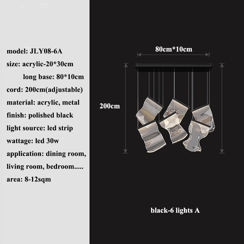Modern MC THE BLACK DIAMOND LED chandelier lighting fixture in a living and dining room setting with sleek design and bright illumination.
