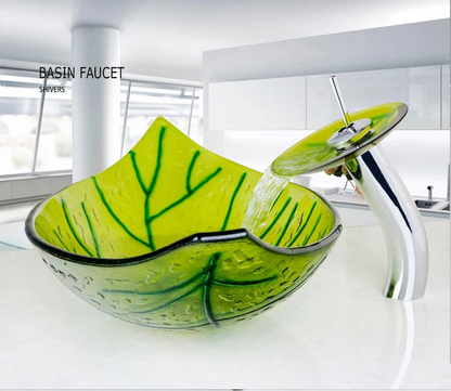 Green leaf-shaped vessel sink by MC THE BLACK DIAMOND, stylish bathroom wash basin with a natural leaf design.