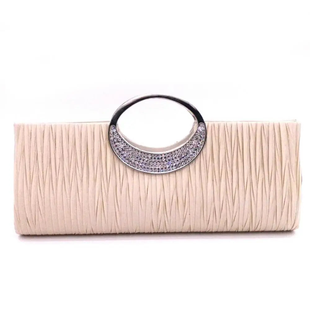 Luxury women's evening clutch bag with rhinestones, satin pleats, and a handheld design, perfect for parties and formal events.