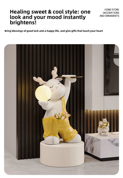 Decorative MC THE BLACK DIAMOND luminous elk deer figurine floor statue with tray, ideal for sofa side table or room storage decor.