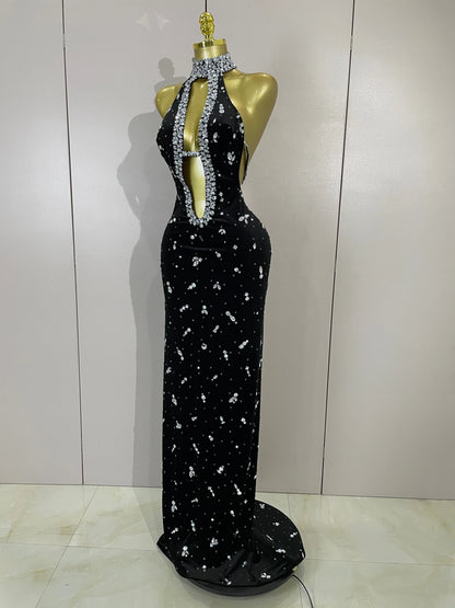 MC THE BLACK DIAMOND sparkly diamond hollow velvet mermaid long dress, featuring shimmering embellishments and elegant fit.
