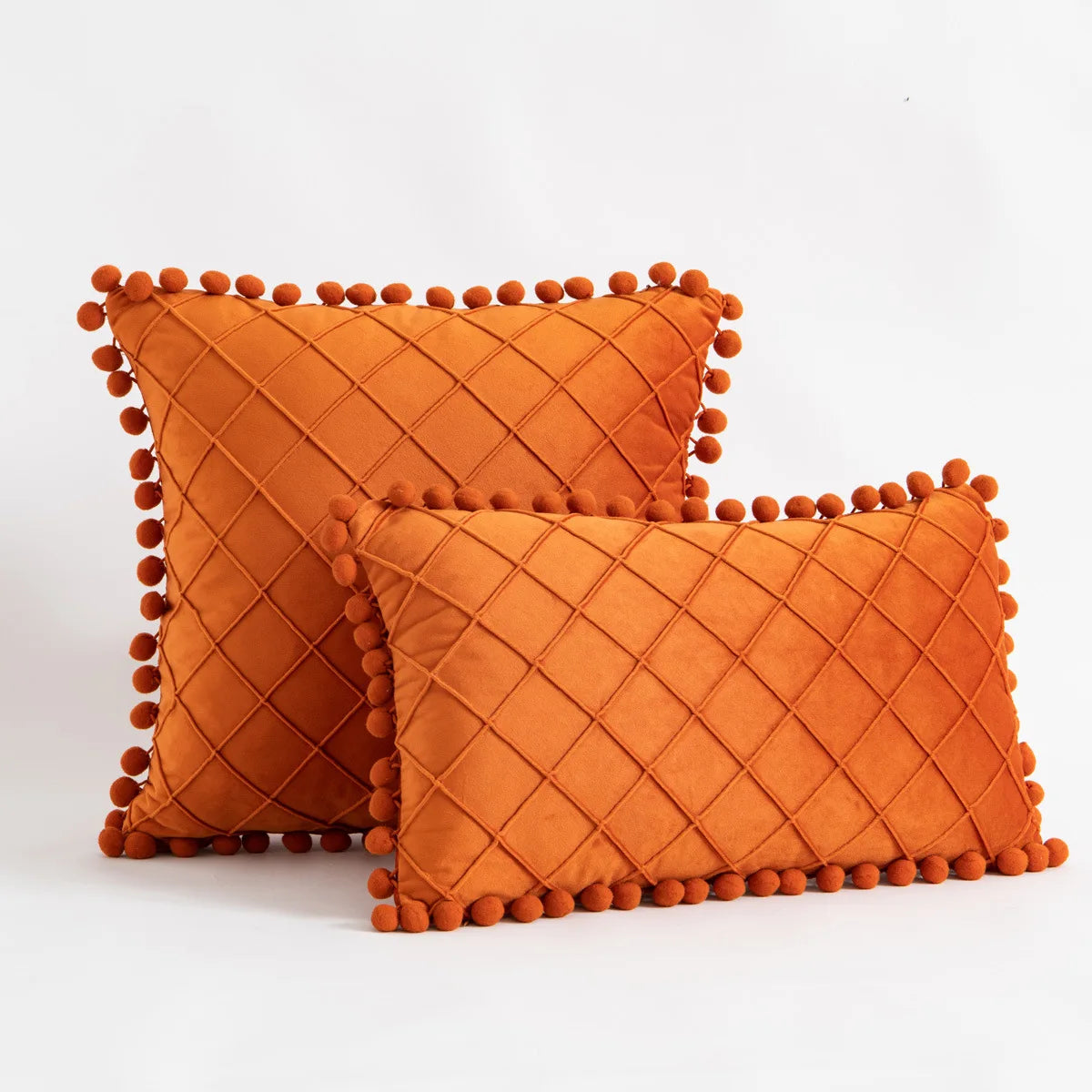 Yellow and orange velvet lumbar pillow cover with diamond stripes, pompom tassels, for home decor, 30x50cm or 45x45cm.