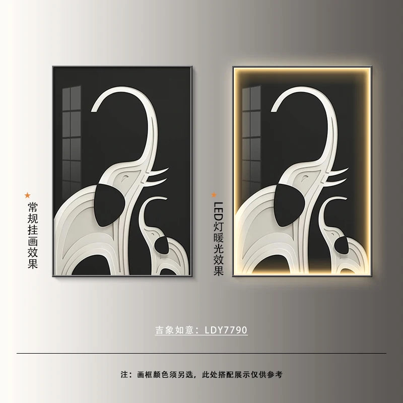 Black elephant abstract art poster by MC THE BLACK DIAMOND, modern luminous wall decor for living room with LED light effect