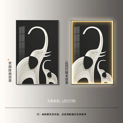 Black elephant abstract art poster by MC THE BLACK DIAMOND, modern luminous wall decor for living room with LED light effect
