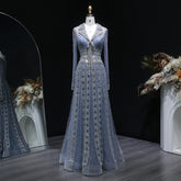 MC THE BLACK DIAMOND MC Long Sleeve Formal Evening Dress with V-neck, beaded embellishments, and elegant A-line silhouette.