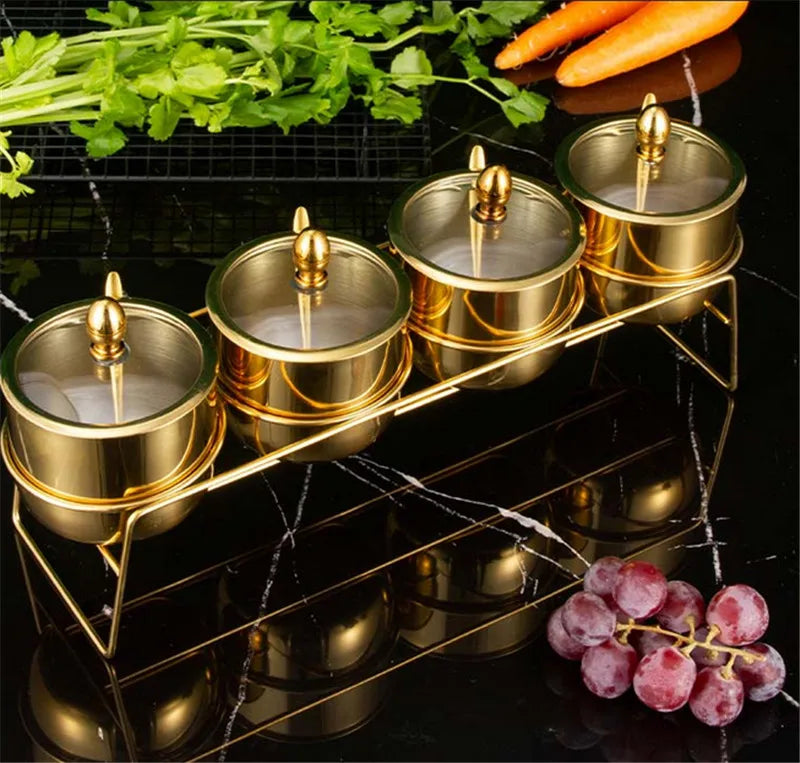 Gold MC THE BLACK DIAMOND 304 seasoning bottle with glass cap, spoon, and spice jar for kitchen storage and soy sauce service