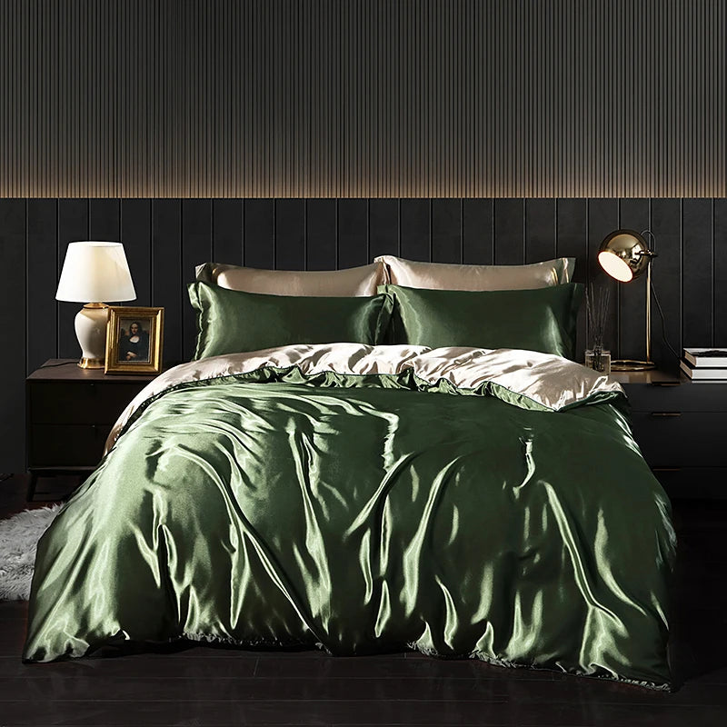 Luxury satin bedding set with fitted sheet and duvet cover from MC THE BLACK DIAMOND, featuring smooth, elegant home decor fabric.