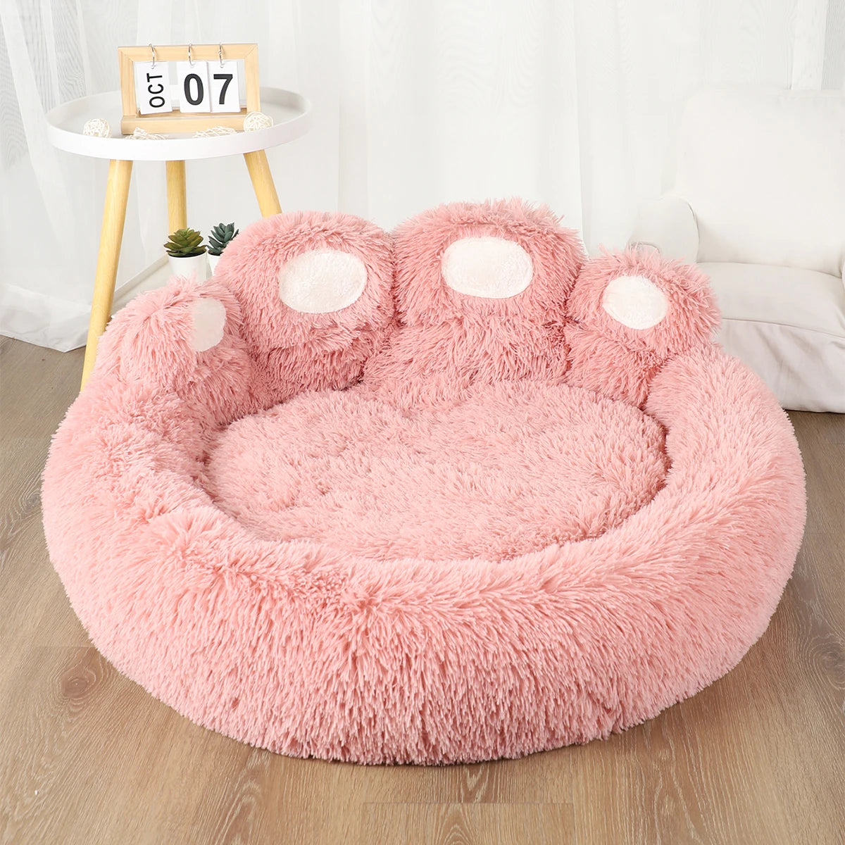 Large plush dog bed by MC THE BLACK DIAMOND, cozy cave-style pet bed with soft winter plush for dogs and cats.