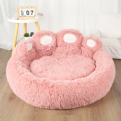 Large plush dog bed by MC THE BLACK DIAMOND, cozy cave-style pet bed with soft winter plush for dogs and cats.