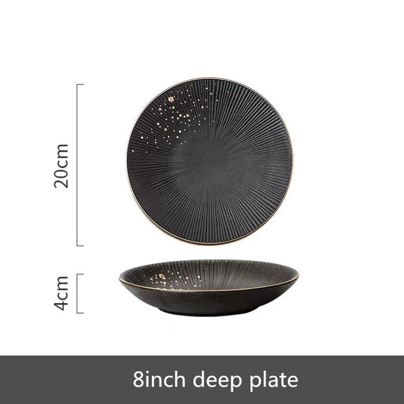 Black porcelain dinner plates with gilt rim, featuring a smooth surface and elegant design, part of 𝕄𝕔 𝕋𝕙𝕖 𝔹𝕝𝕒𝕔𝕜 𝔻𝕚�