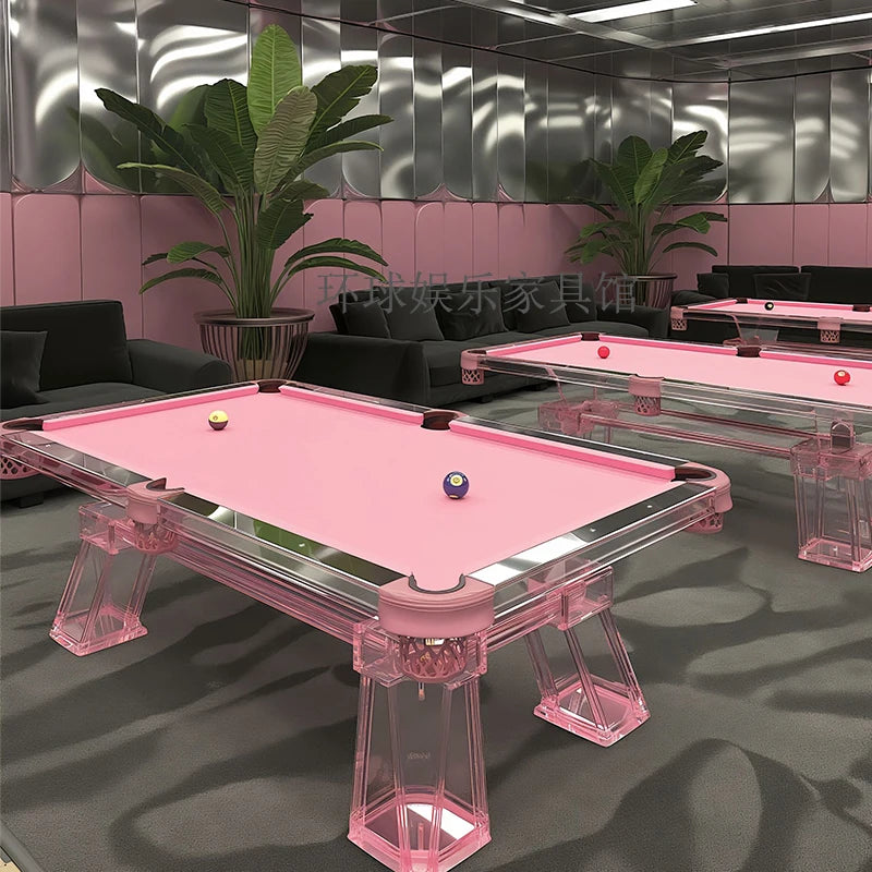 Pink acrylic luxury billiard table by MC THE BLACK DIAMOND, stylish home entertainment pool table with sleek modern design.