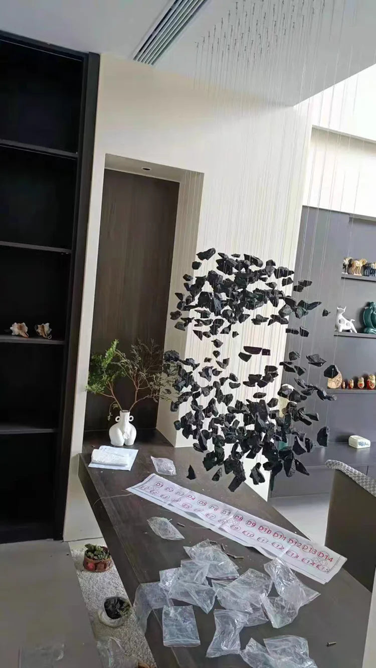 Black Art Luxury Stone Crystal Chandelier For Staircase Hallway Lobby Modern Cristal LED Hanging Lamp Home Indoor Light Fixtures