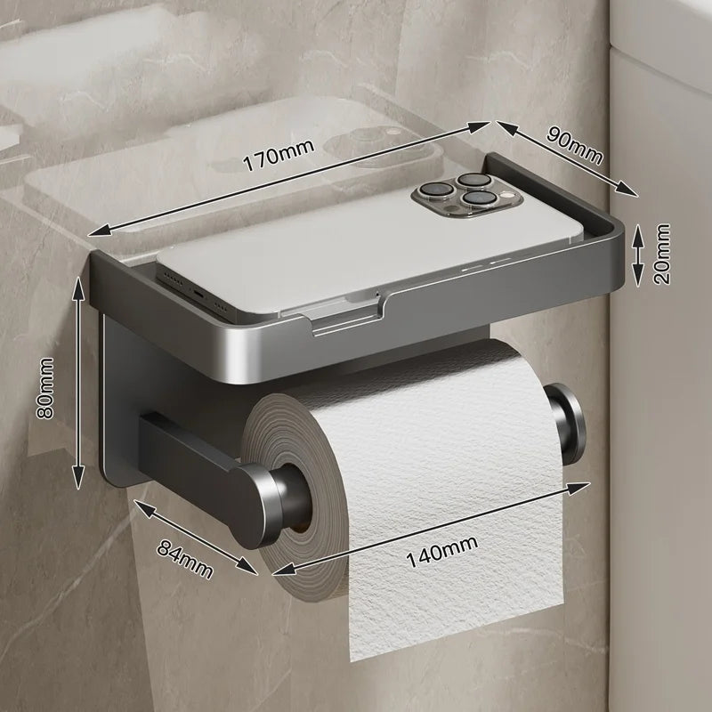 Wall-mounted MC THE BLACK DIAMOND toilet paper holder with waterproof tissue box and storage rack for bathroom organization.