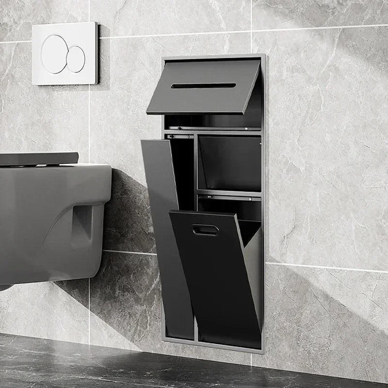 Stainless steel MC THE BLACK DIAMOND bathroom trash can and tissue storage rack embedded in niche cabinet, sleek and functional design