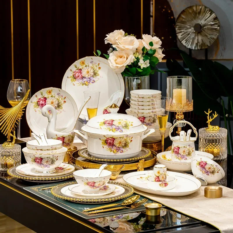 Set of 60-piece European style dinnerware from MC The Black Diamonds, includes plates, bowls, and utensils arranged on a kitchen table.