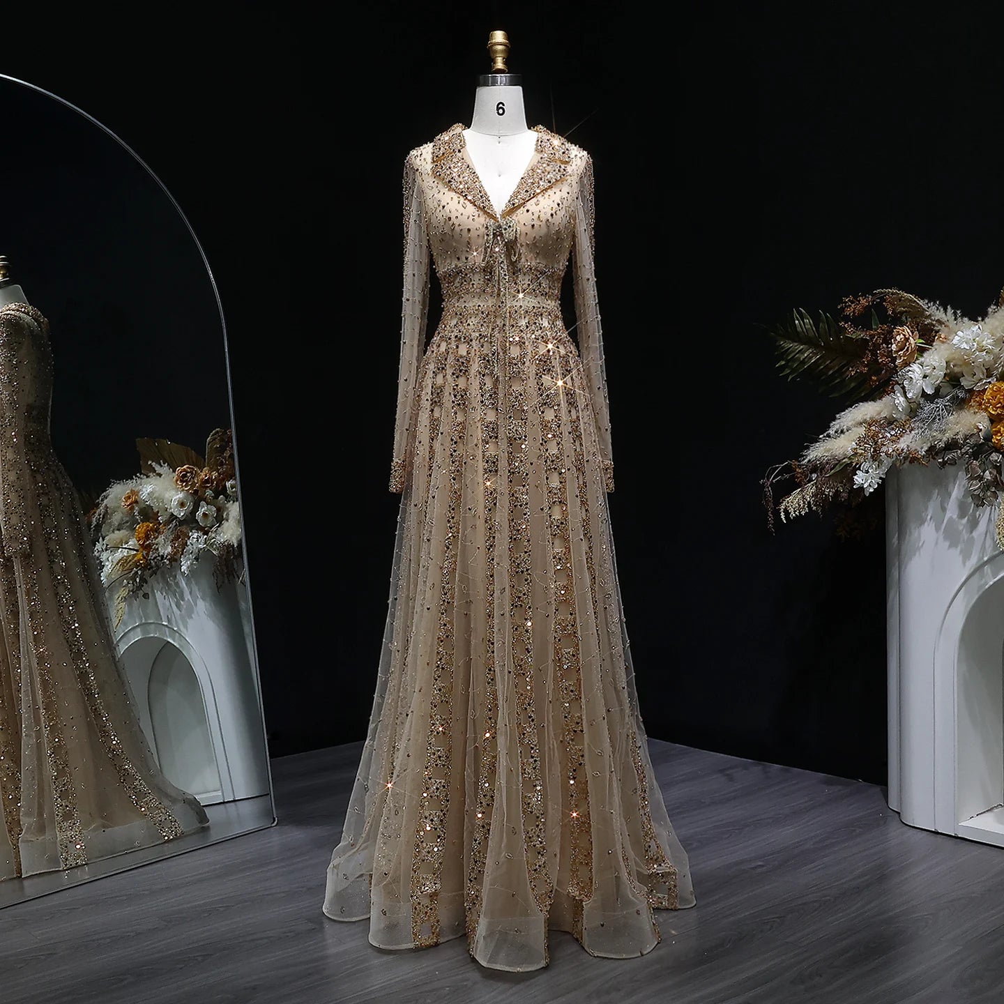 MC THE BLACK DIAMOND MC Long Sleeve Formal Evening Dress with V-neck, beaded embellishments, A-line silhouette, elegant prom gown.