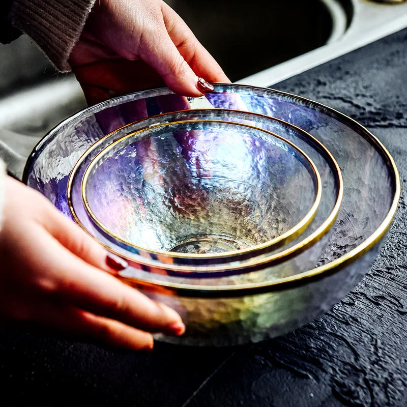 Rainbow glass dinner plates and salad bowls with gilt rim, clear dessert serving dishes by 𝕄𝕔 𝕋𝕙𝕖 𝔹𝕝𝕒𝕔𝕜 𝔻𝕚𝕒�