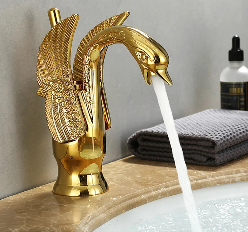 Golden Basin Faucet Deck Mount Sink Short Faucets Swan Shape Single Handle Sink Hot Cold Water Mixer Tap - https://mohammadcollection.com
