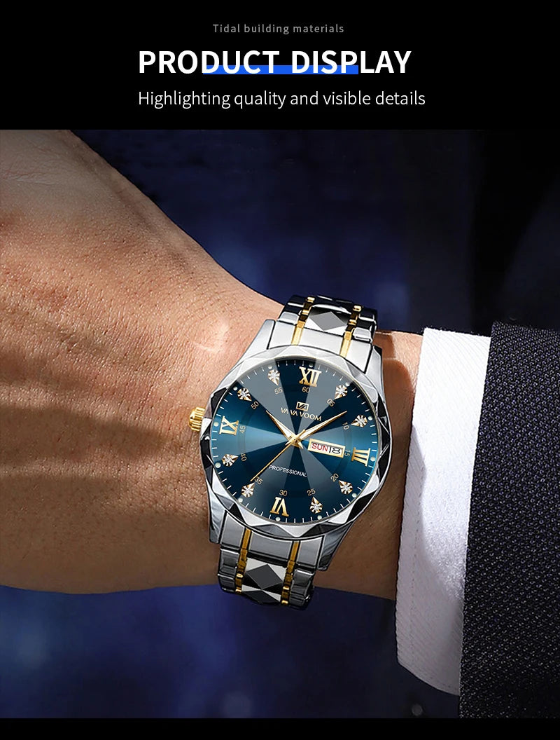 Men Watch Water Diamond Luxury Night Glow Double Calendar Quartz Movement 41mm Blue Gold Stainless Steel Fashion Business Watch - https://mohammadcollection.com