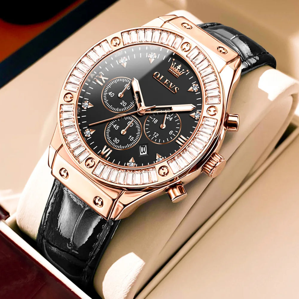 Elegant OLEVS women's watch with leather strap, diamond bezel, chronograph, waterproof quartz movement, from Mohamad Collection.