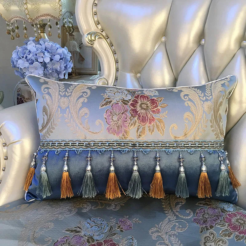 European luxury Jacquard tassel lace decorative sofa pillow cover with rectangular shape and large backrest cushion design.