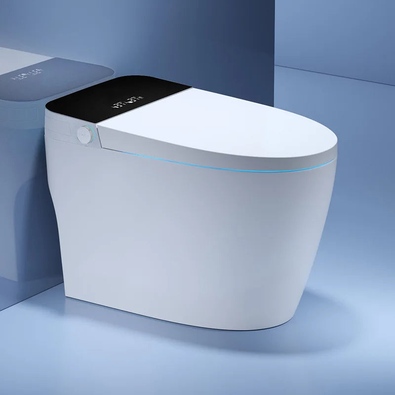 Intelligent black ceramic toilet with wireless remote control and cistern, suitable for domestic and commercial bathrooms.
