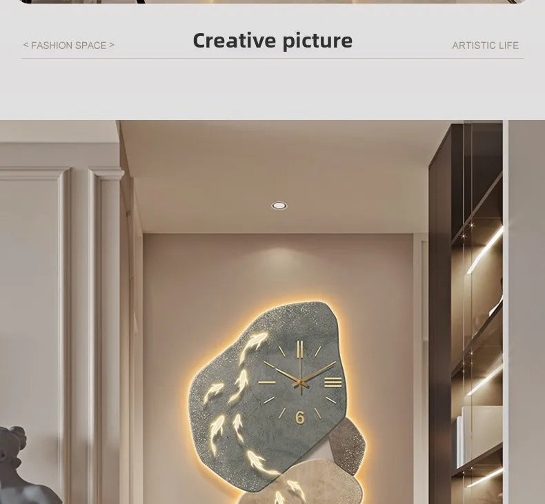 Modern Nine Fish Map wall clock by MC THE BLACK DIAMOND featuring luminous numbers, decorative wall art for corridors and entrances.