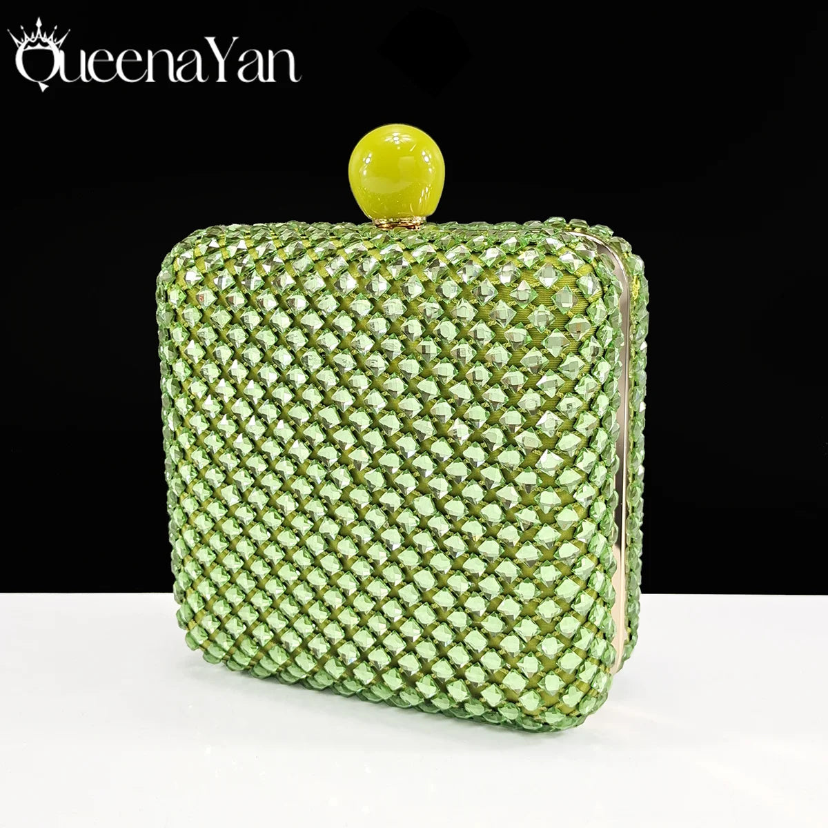 Queena Yan Italian design green rhinestone pointed toe shoe and matching bag set for women, perfect for parties, high-quality luxury accessories.