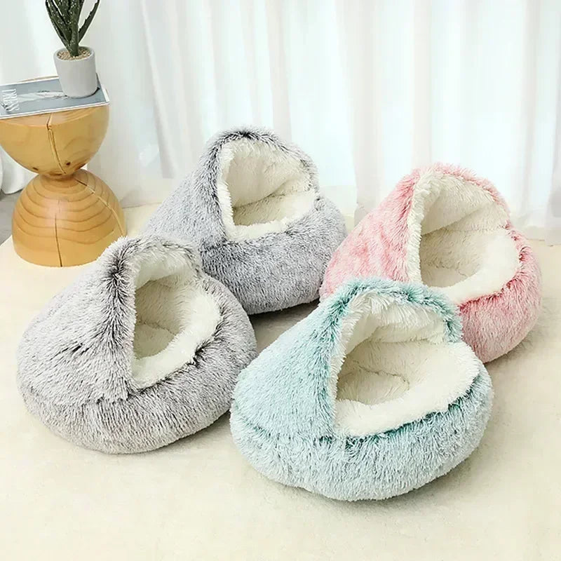 MC THE BLACK DIAMOND plush cat cave bed with round, thick, warm cushion for small cats, ideal cozy nest for winter warmth.