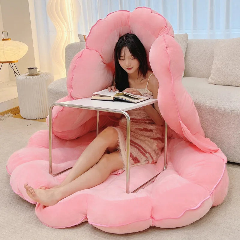 Large clamshell cushion plush pillow shaped like a seashell, designed for kid beds by MC THE BLACK DIAMOND.