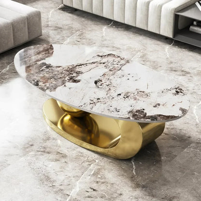 Modern Oval Stone Coffee Table with Abstract Gold Metal Base - Perfect  for Stylish Living Rooms-Gold,51"Lx28Wx16.5H - https://mohammadcollection.com