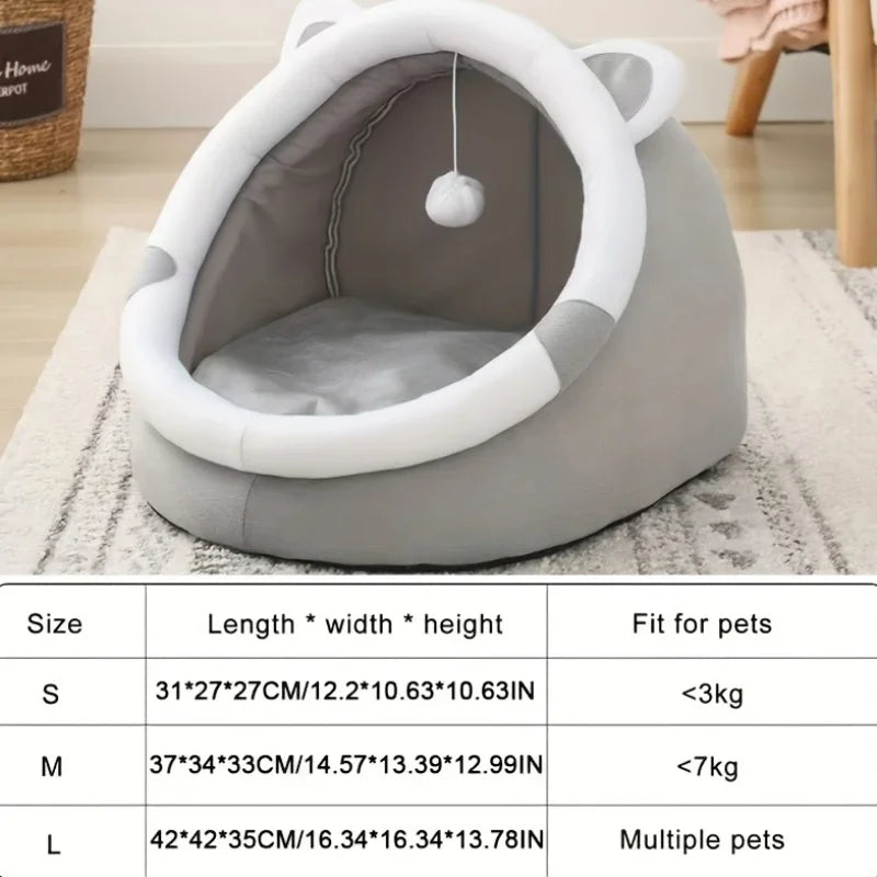 1 Comfortable Cartoon Cat House with Removable Pad, Modern Style Pet Bed Cave, Indoor Plush House Bed with Pompom - https://mohammadcollection.com