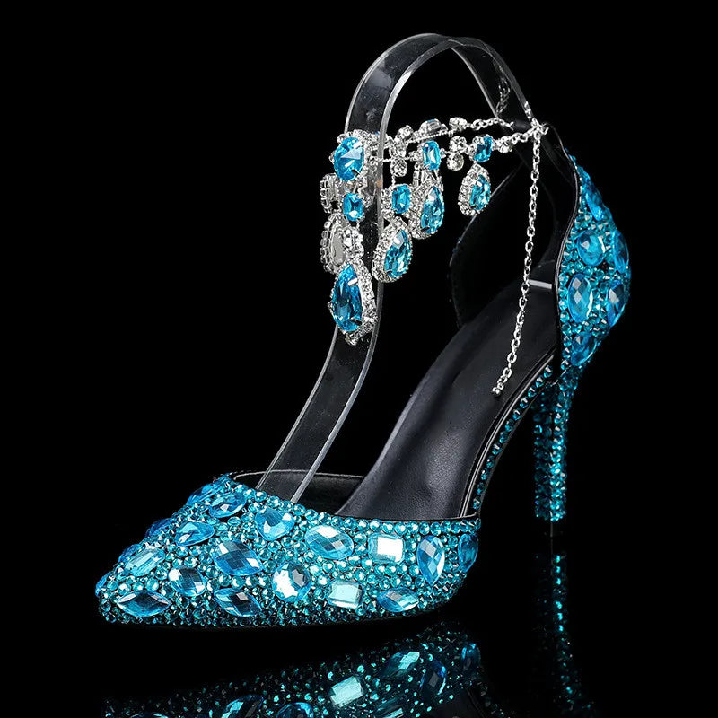 Elegant black high heels with crystal pendant embellishments, designed for prom, wedding, and banquet occasions by MC THE BLACK DIAMOND.