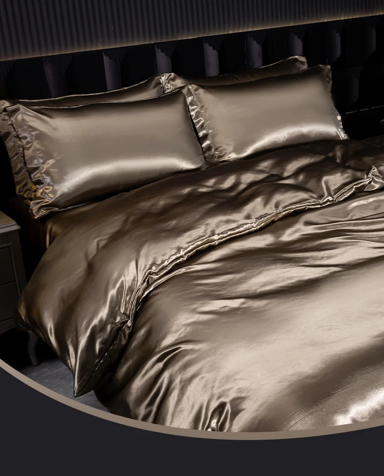 Luxury solid silk bedding set with duvet cover, bed sheet, and pillowcases from 𝕄𝕔 𝕋𝕙𝕖 𝔹𝕝𝕒𝕔𝕜 𝔻𝕚𝕒�