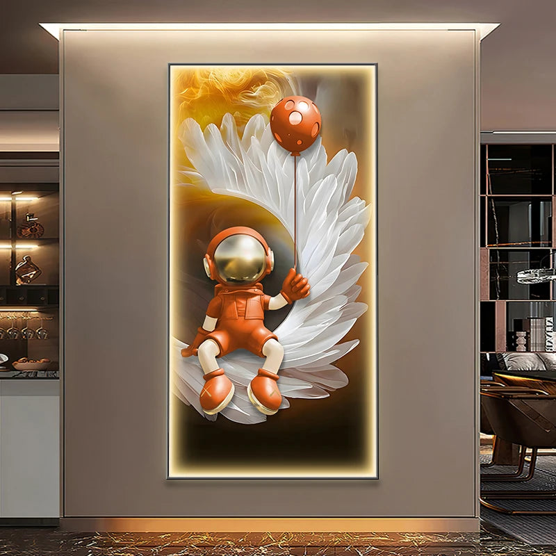 Modern art astronaut wall decor with LED lamp, luminous painting for living room or corridor, by MC THE BLACK DIAMOND