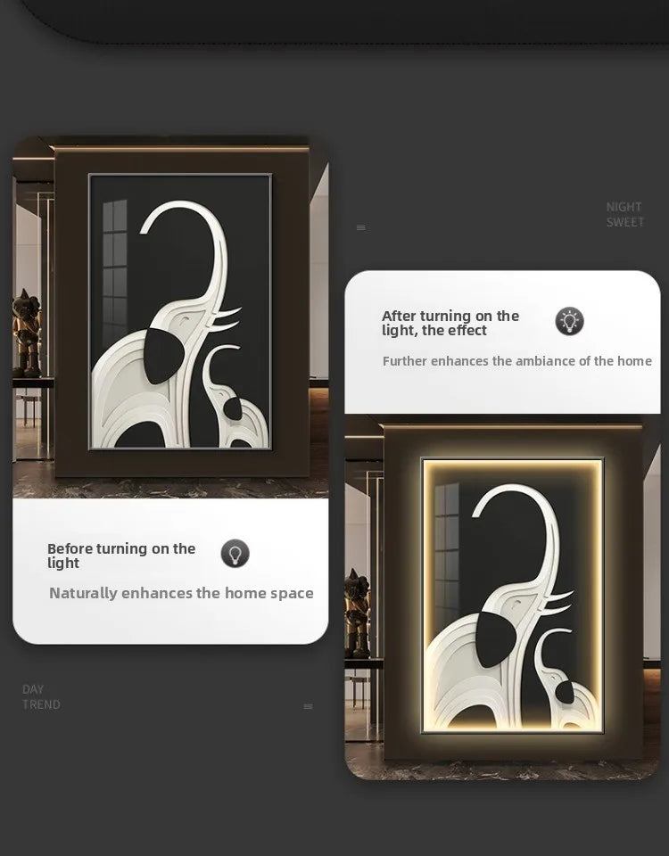 Abstract black elephant wall art poster with luminous LED light, modern living room decor, large luminous mural by MC THE BLACK DIAMOND.