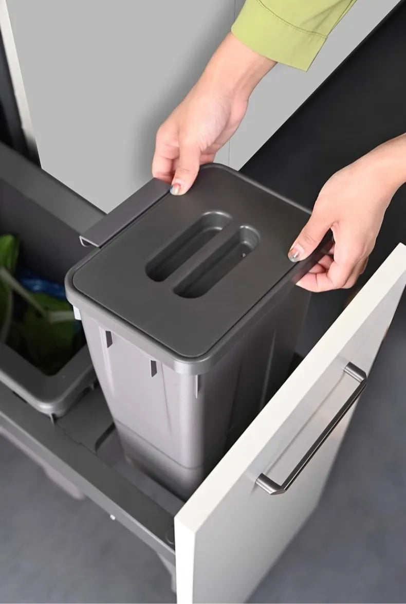 Black MC The Diamonds kitchen cabinet embedded trash can with lid, large capacity, hidden garbage bin for food waste disposal.