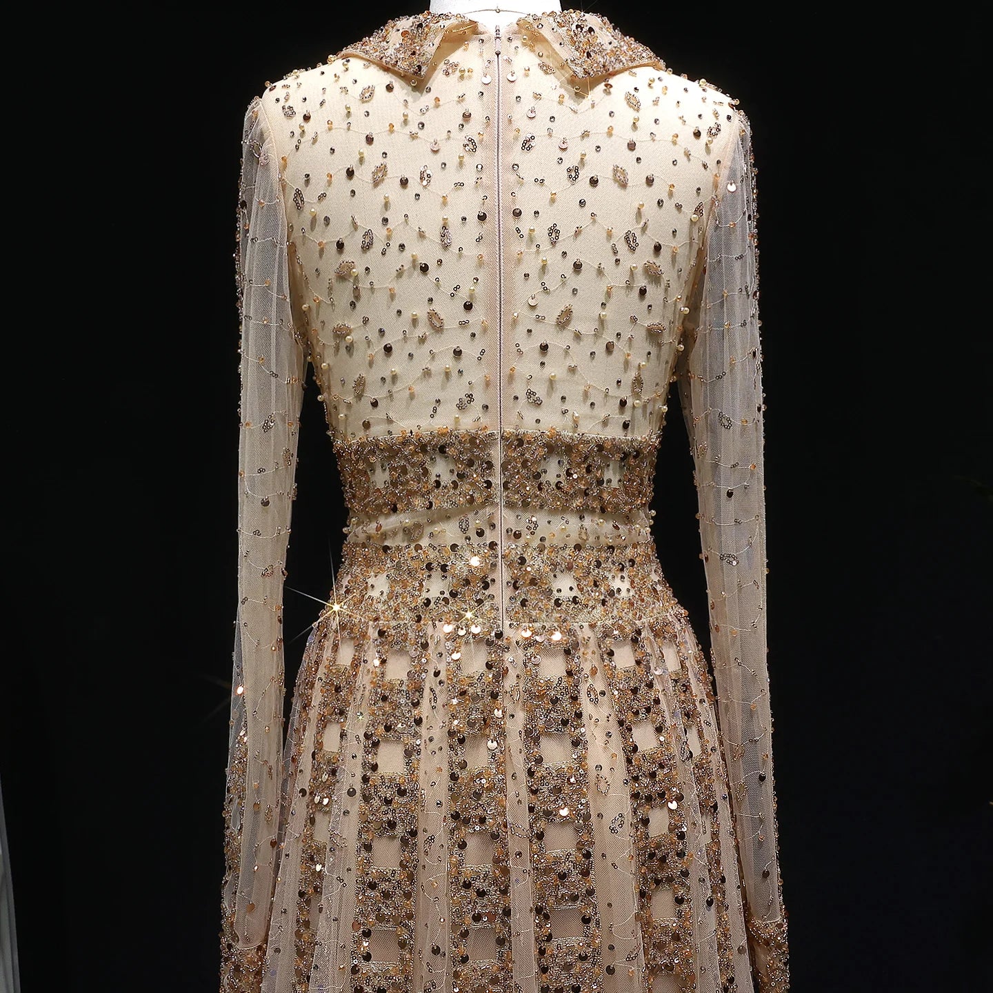 Elegant MC THE BLACK DIAMOND MC long sleeve evening gown with V neck, beaded embellishments, A-line silhouette, perfect for prom or formal events.