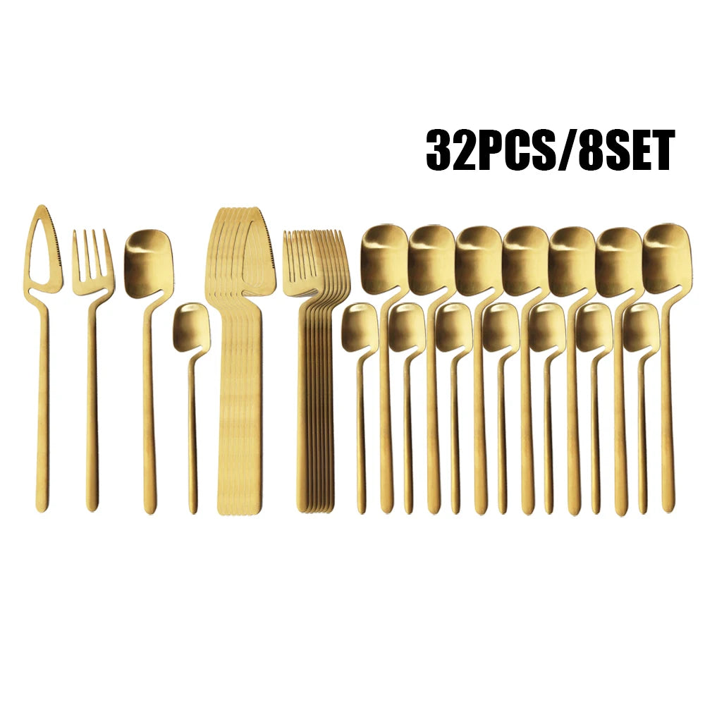 Black matte stainless steel cutlery set with fork, knife, spoon, and teaspoon from 𝕄𝕔 𝕋𝕙𝕖 𝔹𝕝𝕒𝕔𝕜 𝔻𝕚𝕒