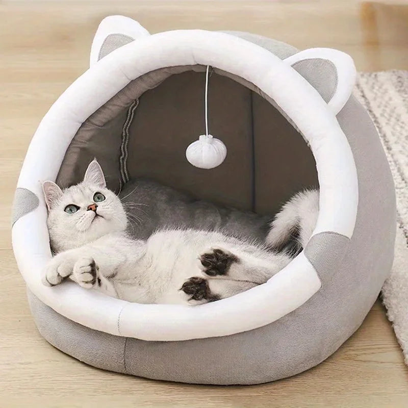 1 Comfortable Cartoon Cat House with Removable Pad, Modern Style Pet Bed Cave, Indoor Plush House Bed with Pompom - https://mohammadcollection.com
