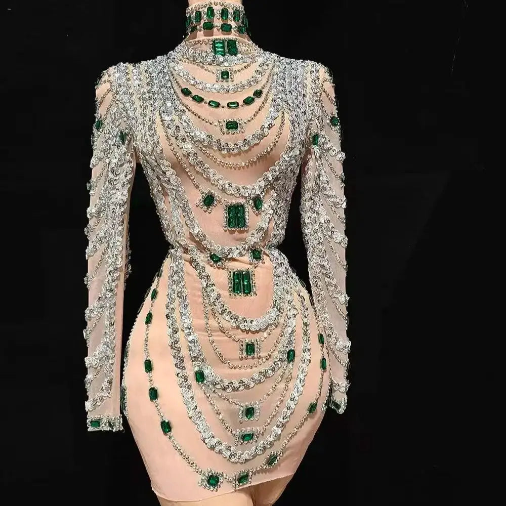 MC Women transparent rhinestones bodycon dress by MC THE BLACK DIAMOND, featuring a fitted silhouette with sparkling rhinestone embellishments.