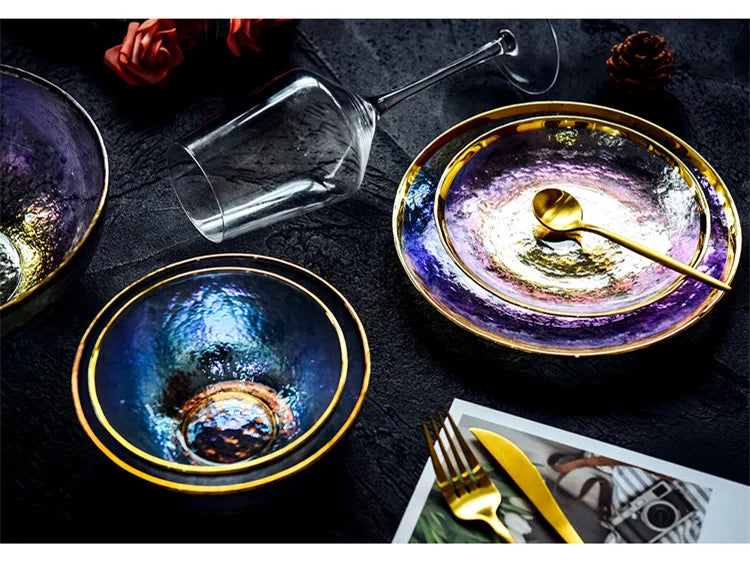 Rainbow glass dinner plates and salad bowls with gilt rim from 𝕄𝕔 𝕋𝕙𝕖 𝔹𝕝𝕒𝕔𝕜 𝔻𝕚𝕒𝕞𝕠