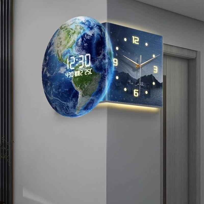Earth Double Sided Corner Clock LED Wall Clock Modern Design Living Room Decoration Advanced Sense Wall Watch Home Wall Decor - 𝕄𝕮 𝕋𝕙𝕖 𝔹𝕝𝕒𝕔𝕜 𝔻𝕚𝕒𝕞𝕠𝕟𝕕
