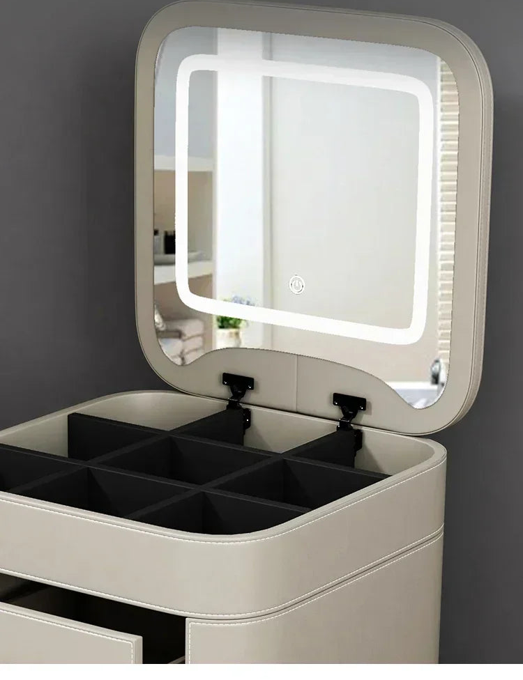 Modern makeup vanity with storage drawer, luxury mirror, and stool by MC THE BLACK DIAMOND featuring sleek design and ample space.