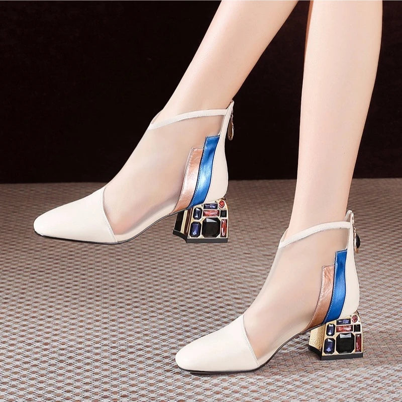 Luxury rhinestone summer women's ankle boots with mesh, pointed toe, thick heel, and casual style, ideal for stylish warm-weather wear.