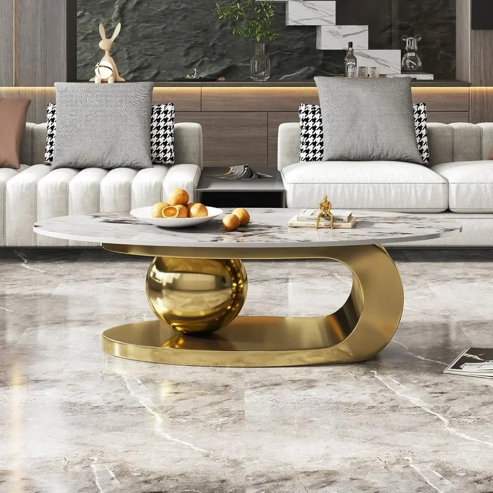 Modern Oval Stone Coffee Table with Abstract Gold Metal Base - Perfect  for Stylish Living Rooms-Gold,51"Lx28Wx16.5H - https://mohammadcollection.com