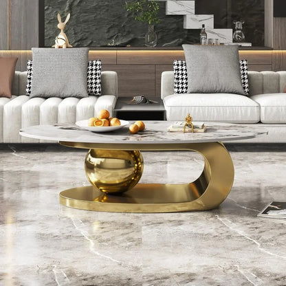 Modern Oval Stone Coffee Table with Abstract Gold Metal Base - Perfect  for Stylish Living Rooms-Gold,51"Lx28Wx16.5H - https://mohammadcollection.com