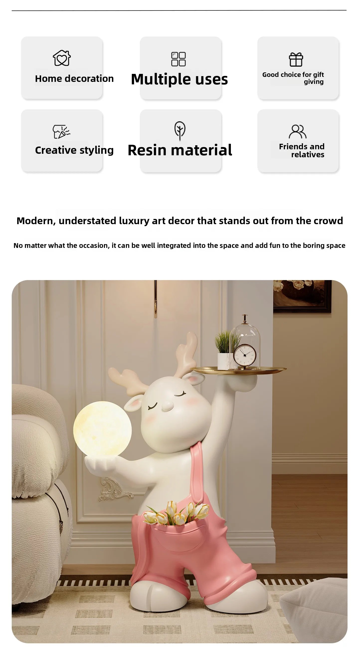 MC THE BLACK DIAMOND luminous elk deer figurine as a decorative floor tray and side table accessory in a cozy room setting.